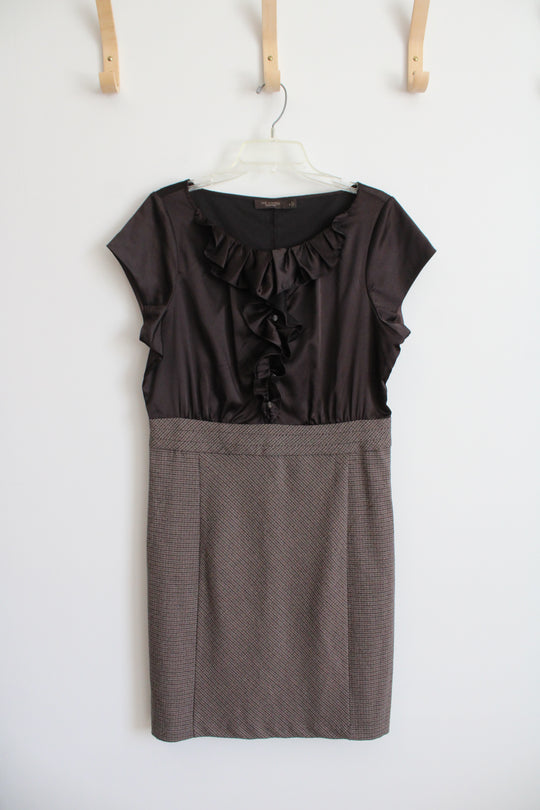 The Limited Vintage Brown Satin Bodice Houndstooth Ruffled Dress | 12