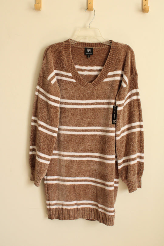 NEW Derek Heart Tan and White Striped Plush Sweater Dress | L