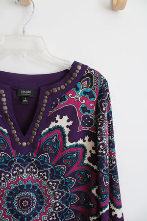 Nicole Miller Purple Teal & Fuschia Floral & Paisley Long Sleeved Dress | 8
