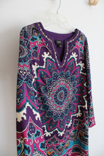 Nicole Miller Purple Teal & Fuschia Floral & Paisley Long Sleeved Dress | 8