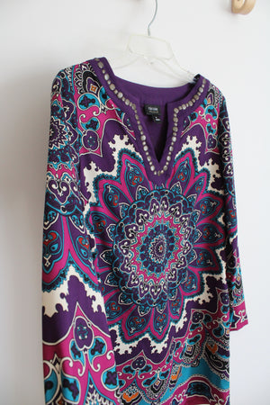 Nicole Miller Purple Teal & Fuschia Floral & Paisley Long Sleeved Dress | 8