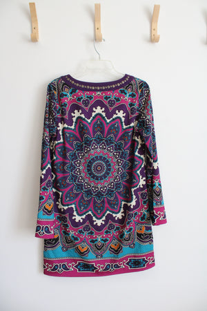 Nicole Miller Purple Teal & Fuschia Floral & Paisley Long Sleeved Dress | 8