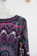 Nicole Miller Purple Teal & Fuschia Floral & Paisley Long Sleeved Dress | 8