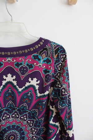 Nicole Miller Purple Teal & Fuschia Floral & Paisley Long Sleeved Dress | 8