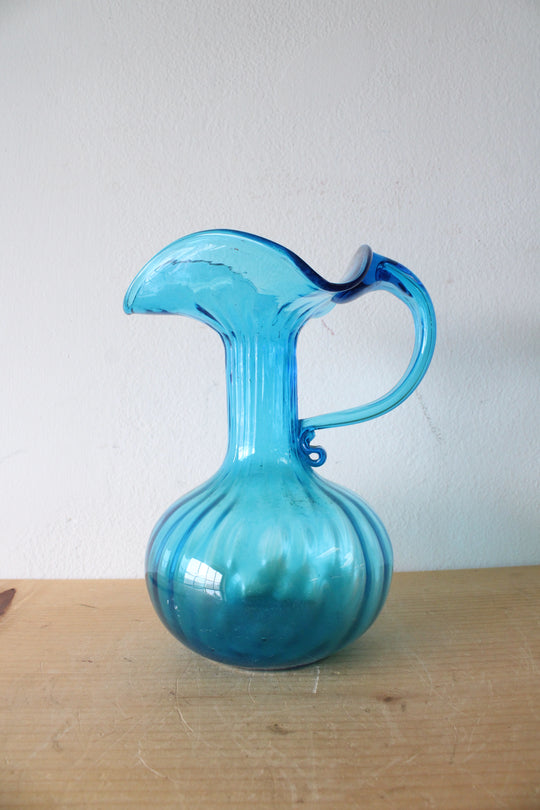 Blue Ribbed Hand Blown Glass Pitcher