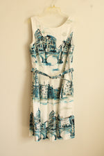 NEW Talbots White and Blue Scenic View Dress with Belt | 14