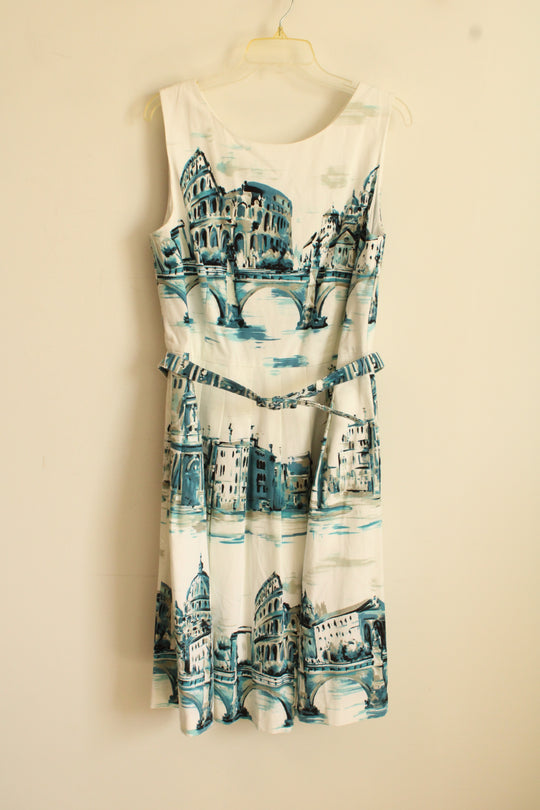 NEW Talbots White and Blue Scenic View Dress with Belt | 14