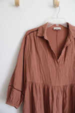 LOFT Brown Muslin 3/4 Sleeve Cotton Dress | S