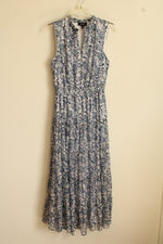 MSK Blue and White Silver Floral Printed Ruffle Maxi Dress | S