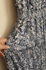 MSK Blue and White Silver Floral Printed Ruffle Maxi Dress | S