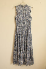 MSK Blue and White Silver Floral Printed Ruffle Maxi Dress | S