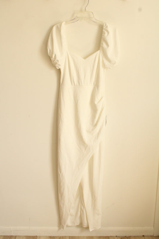NEW Lulus White Puff Sleeve Princess Cut Collar Wrap Maxi Dress | M