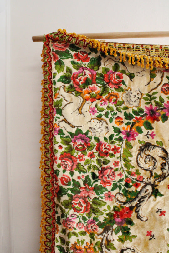 Vintage Floral Velvet Cherub Tapestry