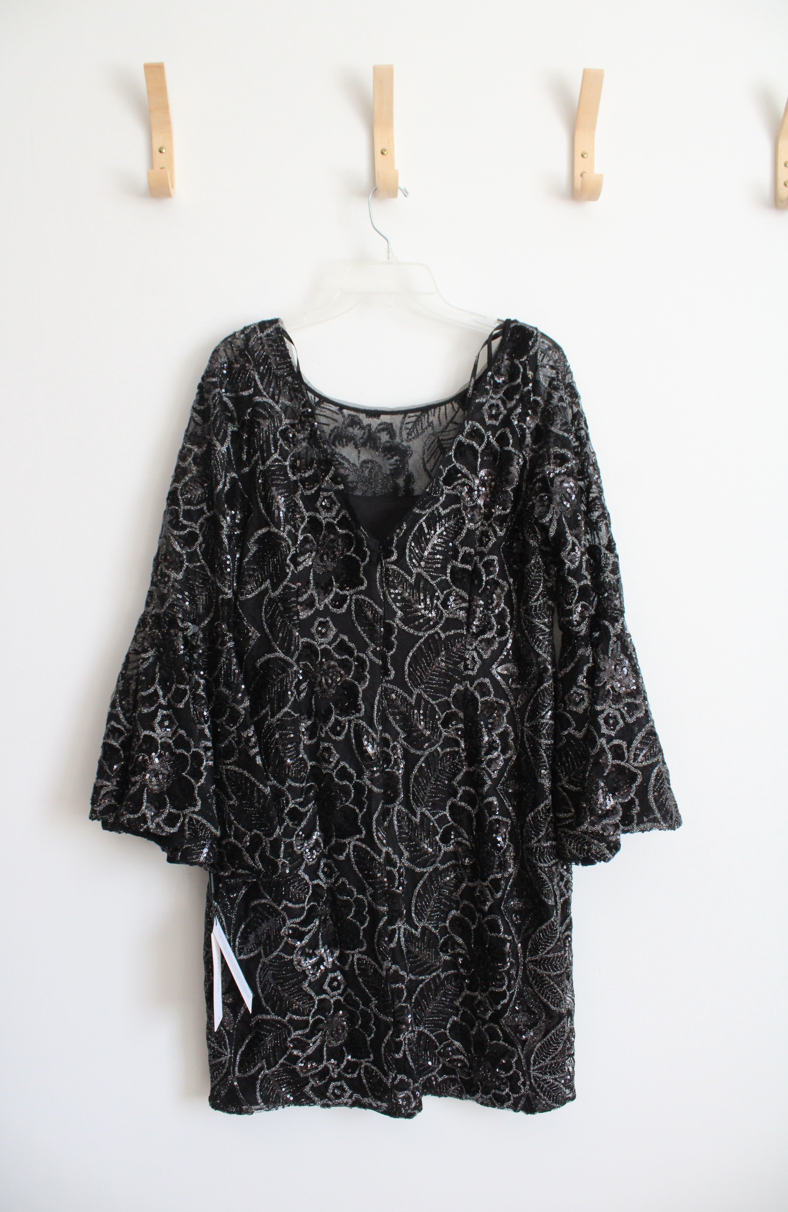 NEW Calvin Klein Black Sequined Bell Sleeve Shift Dress