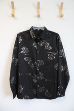 Black Silver Rose Print Button Down Shirt | M