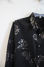 Black Silver Rose Print Button Down Shirt | M