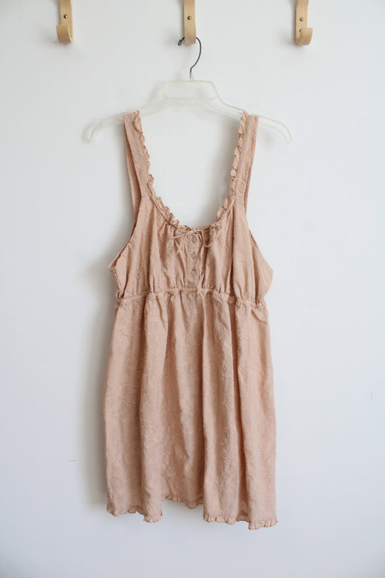 NEW Aerie Tan Embroidered Floral Ruffle Edged Dress | L
