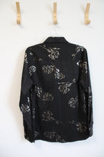 Black Silver Rose Print Button Down Shirt | M