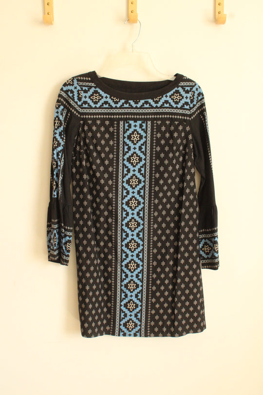 Loft Black and Blue Geometric Print Dress with Flare Sleeves | XS-P