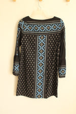 Loft Black and Blue Geometric Print Dress with Flare Sleeves | XS-P