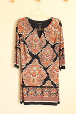 En Focus Orange and Navy Printed Tunic Dress with Gold Collar Chain | 6-P