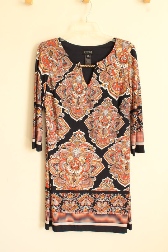 En Focus Orange and Navy Printed Tunic Dress with Gold Collar Chain | 6-P