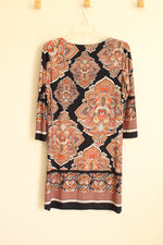 En Focus Orange and Navy Printed Tunic Dress with Gold Collar Chain | 6-P