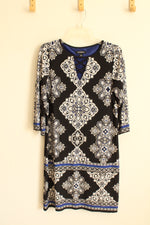 Roz & Ali Black White and Blue Printed Texture Dress with Cut out Collar | 4