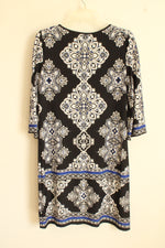Roz & Ali Black White and Blue Printed Texture Dress with Cut out Collar | 4
