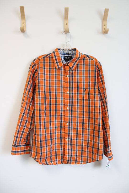 NEW Nautica Orange Blue & White Plaid Button Down Shirt | L