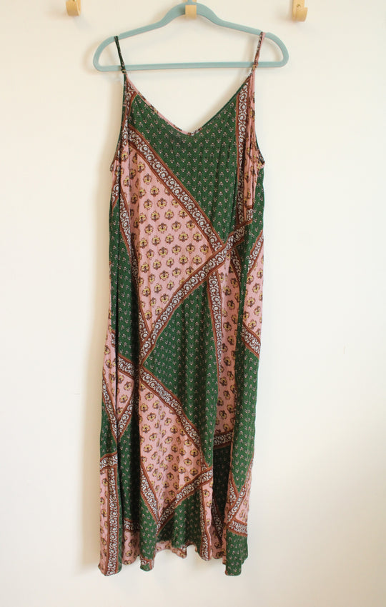 Natural Life Pink Green Patchwork Boho Style Maxi Dress | L