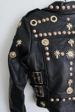 Philipp Plein Black Sheepskin Leather Gold Studded Moto Jacket | S