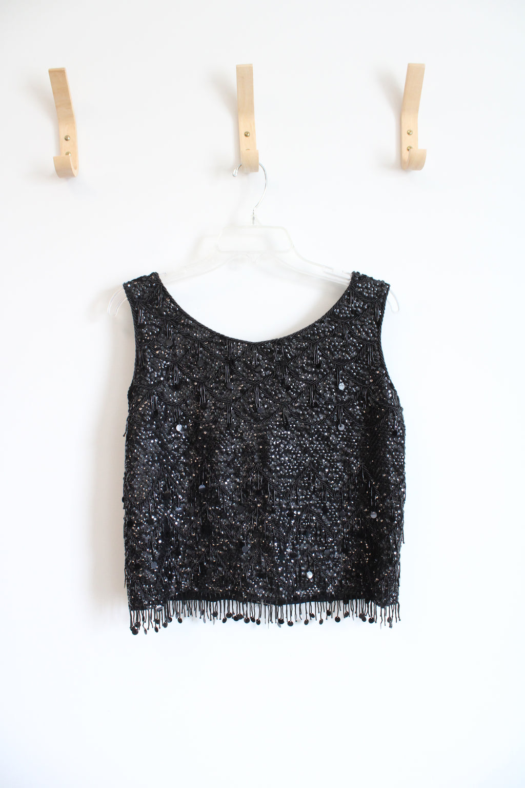 Vintage Black Wool Sequined Fringe Cropped Top | M
