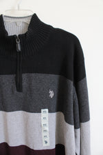 NEW U.S. Polo Assn. Black Gray Maroon Striped 1/4 Zip Sweater | XXL