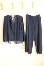 NEW R&M Richards Navy Blue Sheer Jacket with Bead Embellished Tanks and Sheer Overlay Pants 3-piece Set  | 18