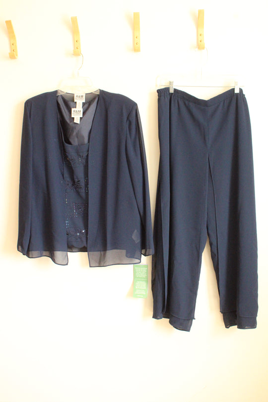 NEW R&M Richards Navy Blue Sheer Jacket with Bead Embellished Tanks and Sheer Overlay Pants 3-piece Set  | 18