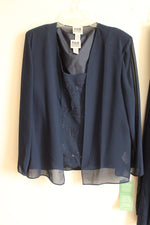 NEW R&M Richards Navy Blue Sheer Jacket with Bead Embellished Tanks and Sheer Overlay Pants 3-piece Set  | 18