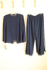 NEW R&M Richards Navy Blue Sheer Jacket with Bead Embellished Tanks and Sheer Overlay Pants 3-piece Set  | 18