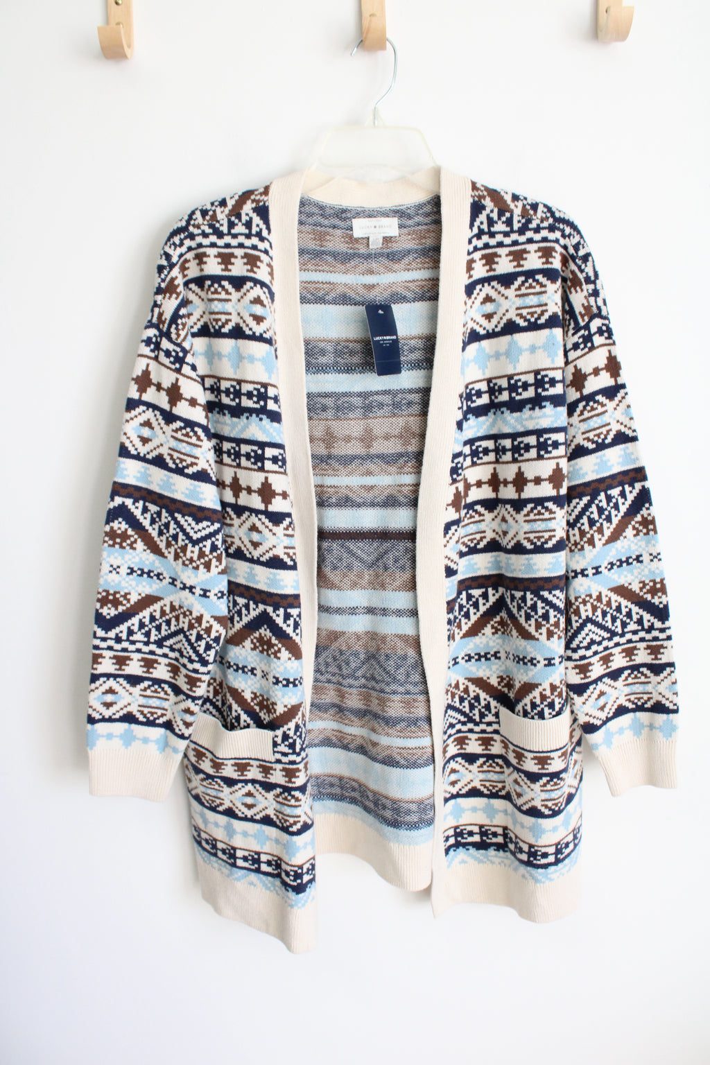 NEW Lucky Brand Blue Cream Patterned Knit Cardigan | L