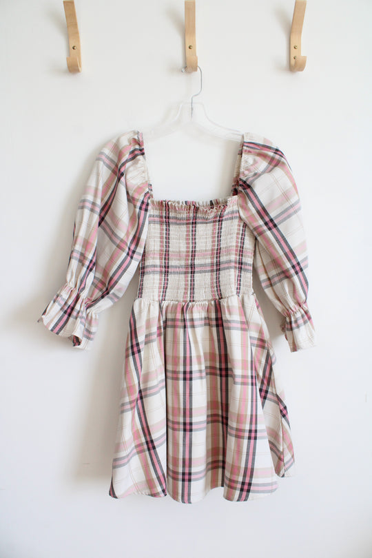 NEW Francesca's Aubrey Parks Pink & Tan Plaid Dress | S