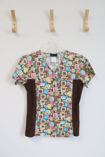 Cherokee Black Square Patterned Scrub Top | XS