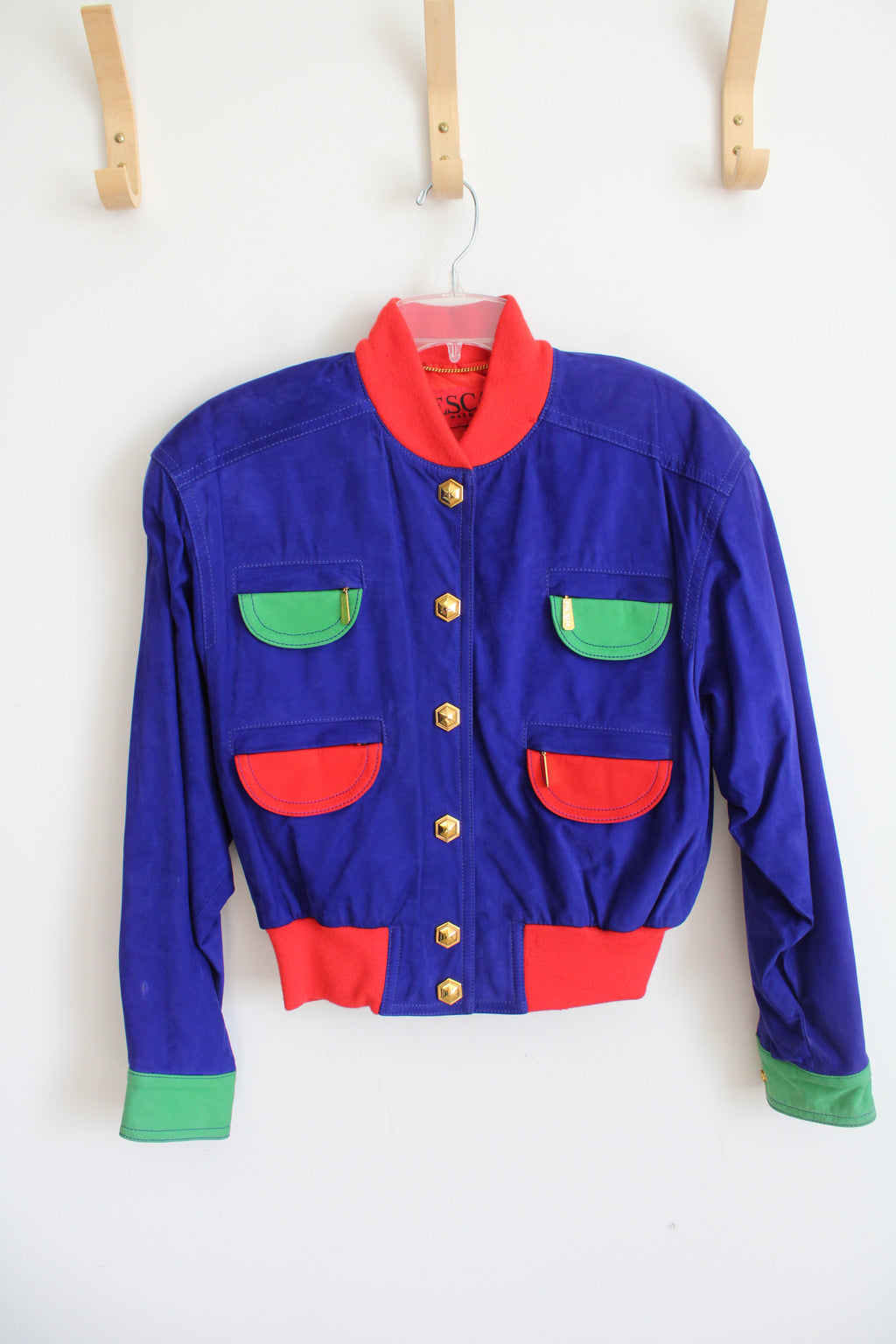 NEW Escada Margaretha Ley Blue Color Blocked Cropped Leather Bomber Jacket | 40