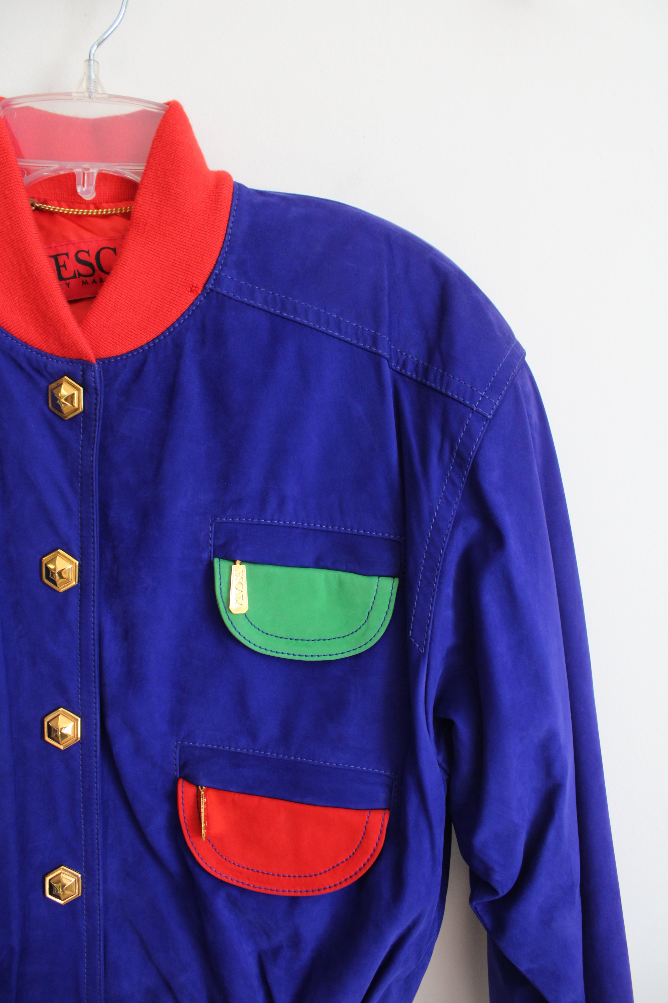 NEW Escada Margaretha Ley Blue Color Blocked Cropped Leather Bomber Jacket | 40