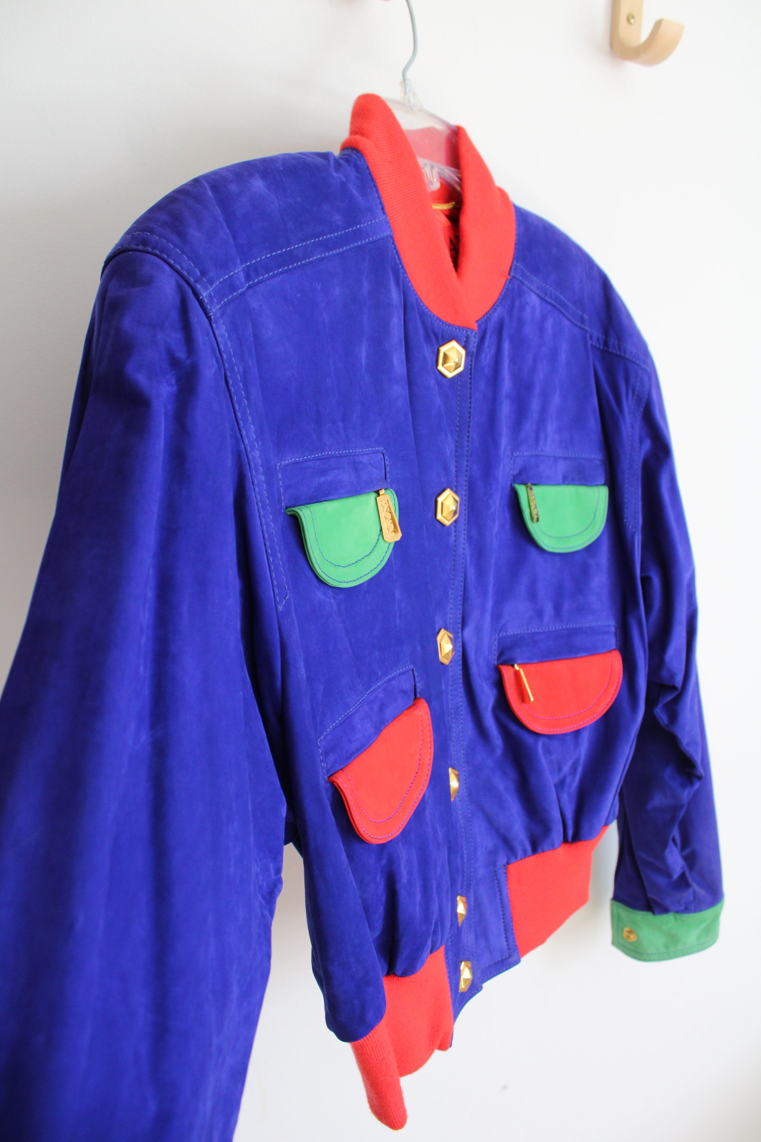 NEW Escada Margaretha Ley Blue Color Blocked Cropped Leather Bomber Jacket | 40