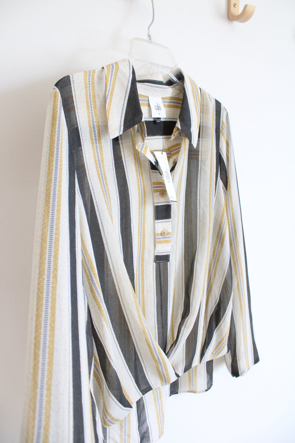 NEW Cabi Gray & Yellow Striped Sheer Long Sleeved Top | M