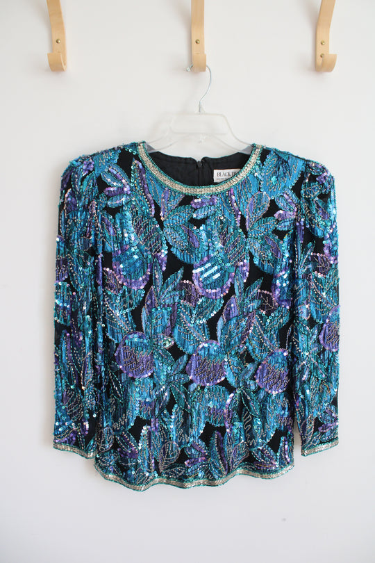 Black Tie Blue & Purple Sequined Long Sleeved Top | S