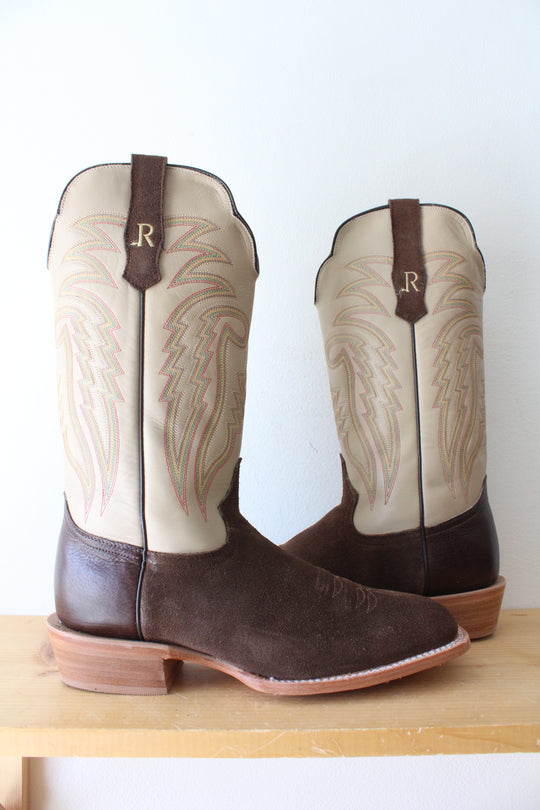 R. Watson #8221-2 Chocolate Brown & Ivory Roughout Cowhide Boots | Size 12 EE
