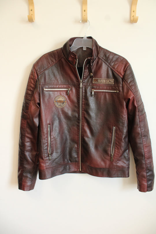Maroon Faux Leather Sherpa Lined Jacket | XS