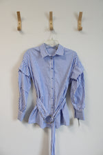 Valerie Stevens Blue & White Striped Belted Button Down Top | S