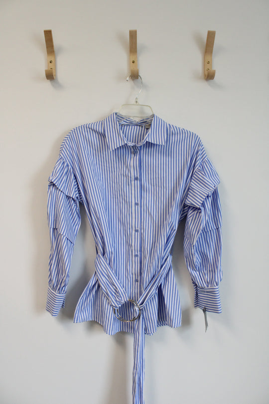 Valerie Stevens Blue & White Striped Belted Button Down Top | S